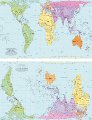 Die Weltkarte in flächentreuer Perspektive. Auf der Vorderseite ist die Weltkarte nach Norden ausgerichtet, auf der Rückseite nach Süden, also mit Australien und dem Pazifik in der Kartenmitte. © Foto: Huber Kartographie