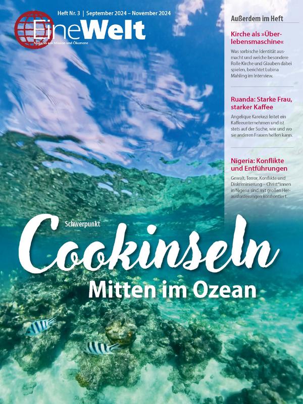 Cover EineWelt 3/24: Unterwasser-Aufnahme am Strand vor Rarotonga© Foto: Elisa Heiligers/EMW