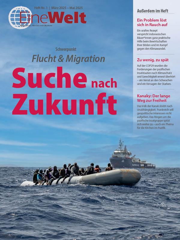 Cover EineWelt 1/25: Schlauchboot mit Flüchtlingen auf dem Mittelmeer im Hintergrund ein Rettungsschiff© Foto: Titelfoto: Stefano Belacchi/United4Rescue