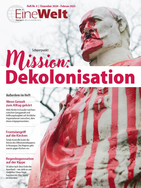 Cover EineWelt 4/24: Statue von Kaiser Wilhelm mit roter Farbe beschmiert© Foto: Mihai Surdu/unsplash