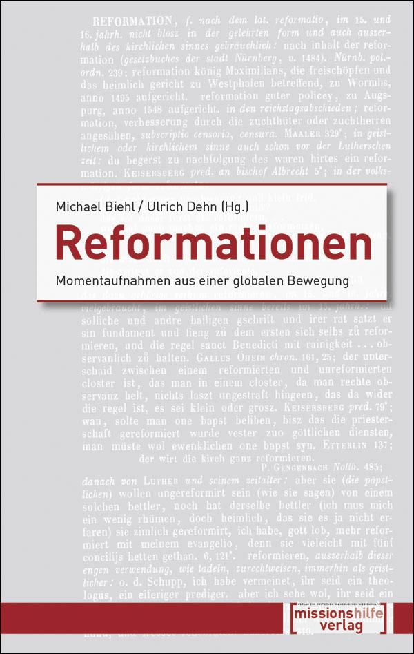 Ein graues Cover mit einem leicht unscharfen Erklärtext zum Begriff Reformation als Bildmotiv, welcher sich über das gesamte Cover in Länge erstreckt. Das Logo des Missionshilfe-Verlags befindet sich unten rechts. Autor und Titel des Buches sind mittig auf dem Cover in rot auf einer weißen Fläche platziert